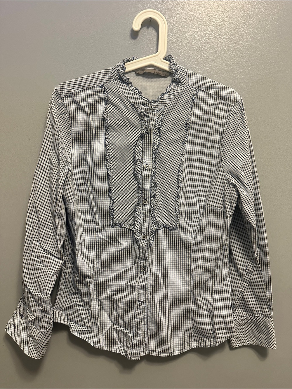 Zara Navy and White Checked Ruffle-Front Button-Down Shirt